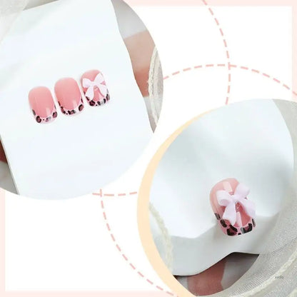 Lovely Bows Artificial False Nails Full Cover Stick on Nails Press On Nails Leopard French Tip False Nails for Party Glowena shop