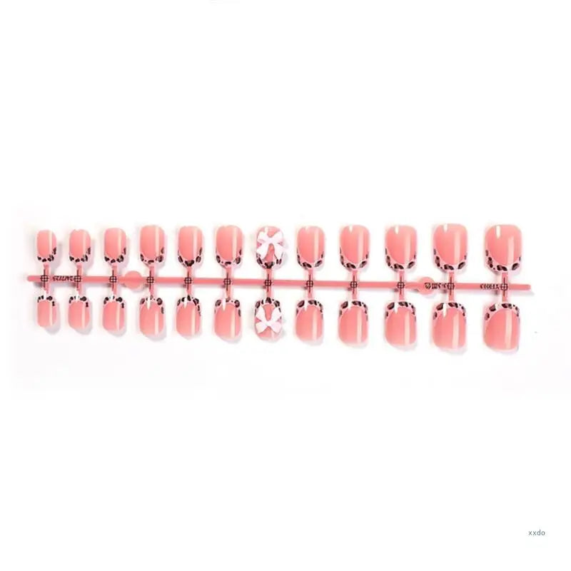 Lovely Bows Artificial False Nails Full Cover Stick on Nails Press On Nails Leopard French Tip False Nails for Party Glowena shop