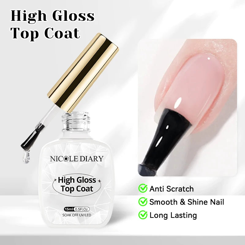 NICOLE DIARY 15ml High Gloss Top Coat No Wipe Top Coat Glossy Long Lasting Top Coat Functional Gel Manicure Nail Supplies Glowena shop
