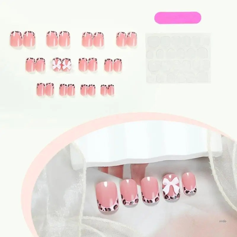 Lovely Bows Artificial False Nails Full Cover Stick on Nails Press On Nails Leopard French Tip False Nails for Party Glowena shop