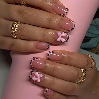Lovely Bows Artificial False Nails Full Cover Stick on Nails Press On Nails Leopard French Tip False Nails for Party Glowena shop