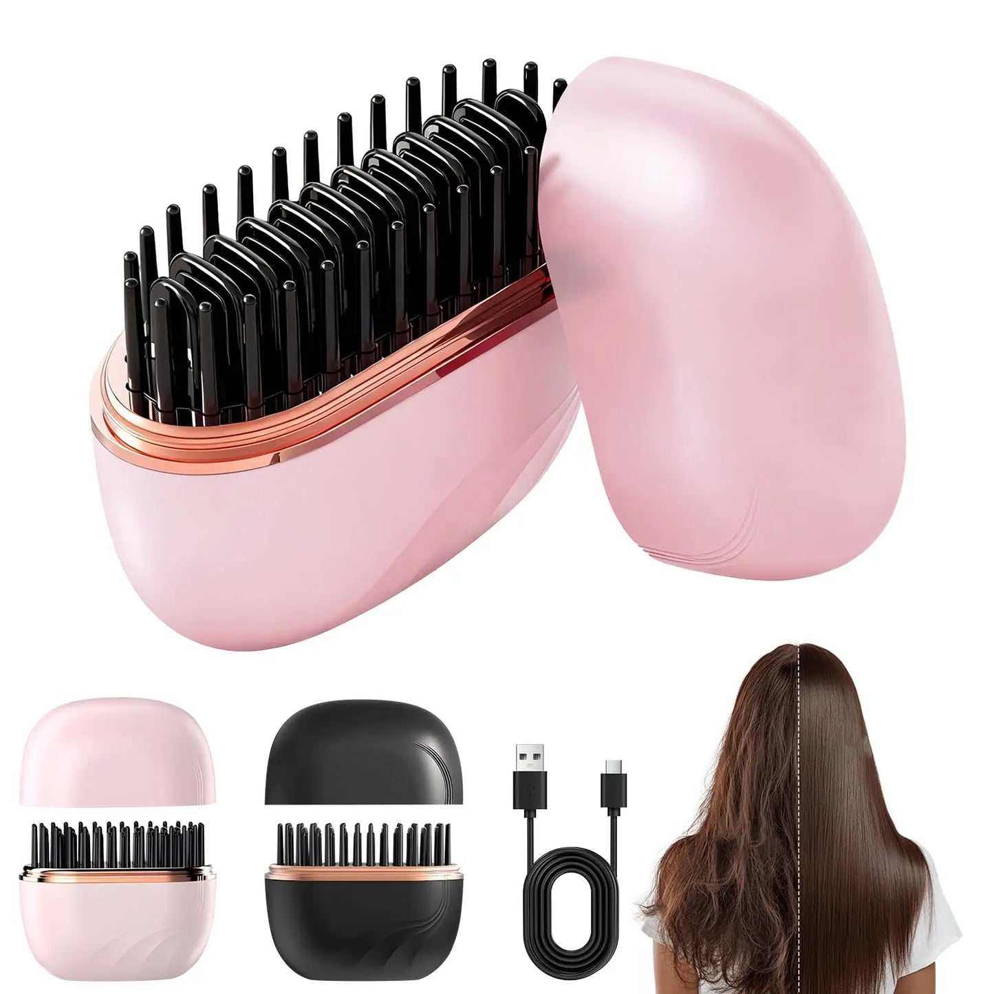 💇‍♀️ Mini Cordless Hair Straightener Brush – USB Rechargeable